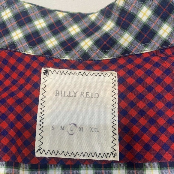 BILLY REID Men’s L Shirt Plaid Seersucker Cotton Long Sleeve Button Up Navy/ Red - Picture 3 of 7